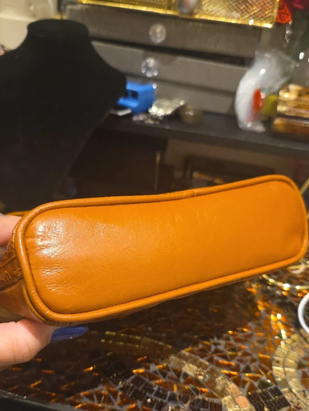 Vintage Tan Embossed Egyptian Motif Messenger Bag